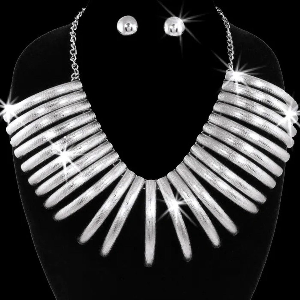 Huge Satin brushed Shiny Claw Link Statement Necklace Stud Earring Set Silver